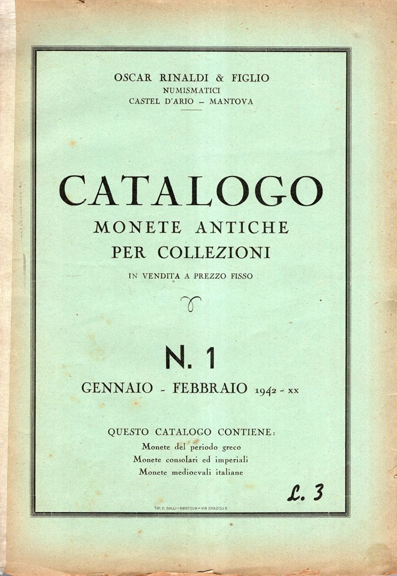 RINALDI Oscar & figlio, Catalogo monete antiche (Greche, romane consolari e imperiali, medioevali...