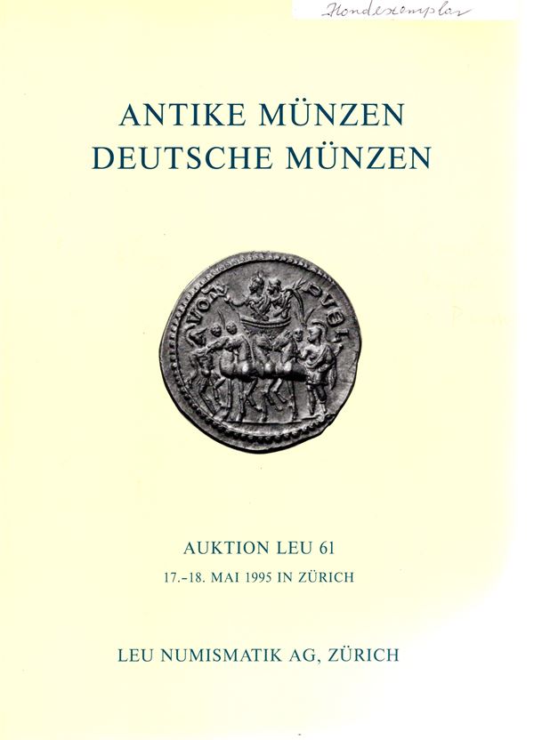 LEU NUMISMATIK AG. - Auktion 61. Zurich, 17\18 - Mai, 1995. Antike munzen, kelten, griechen, romer, byzanz. Deutsche munzen sammlung Mader.  Pp. 203, lots  645, ill with enlargements in the text. ril and excellent condition.