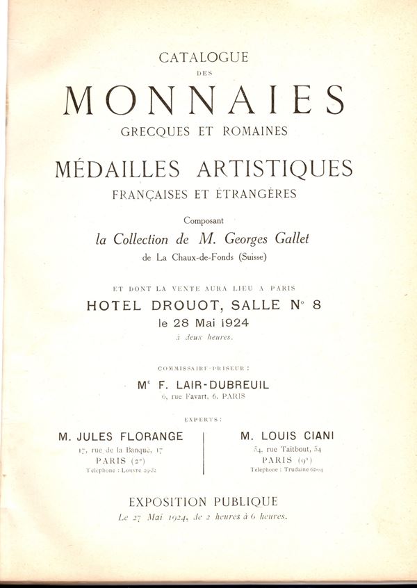 FLORANGE  J. – CIANI  L. -  Paris, 28 – Mai, 1924. Collection M. Georges Gallet. Monnaies grecques et romaines, Medailles Artistiques.  Pp. 70,  nn. 238,  tavv. 30. Ril. rigida similpelle con scritte sul dorso, interno buono stato, raro e importante.  Spring, 183. bellissime monete greche siciliane