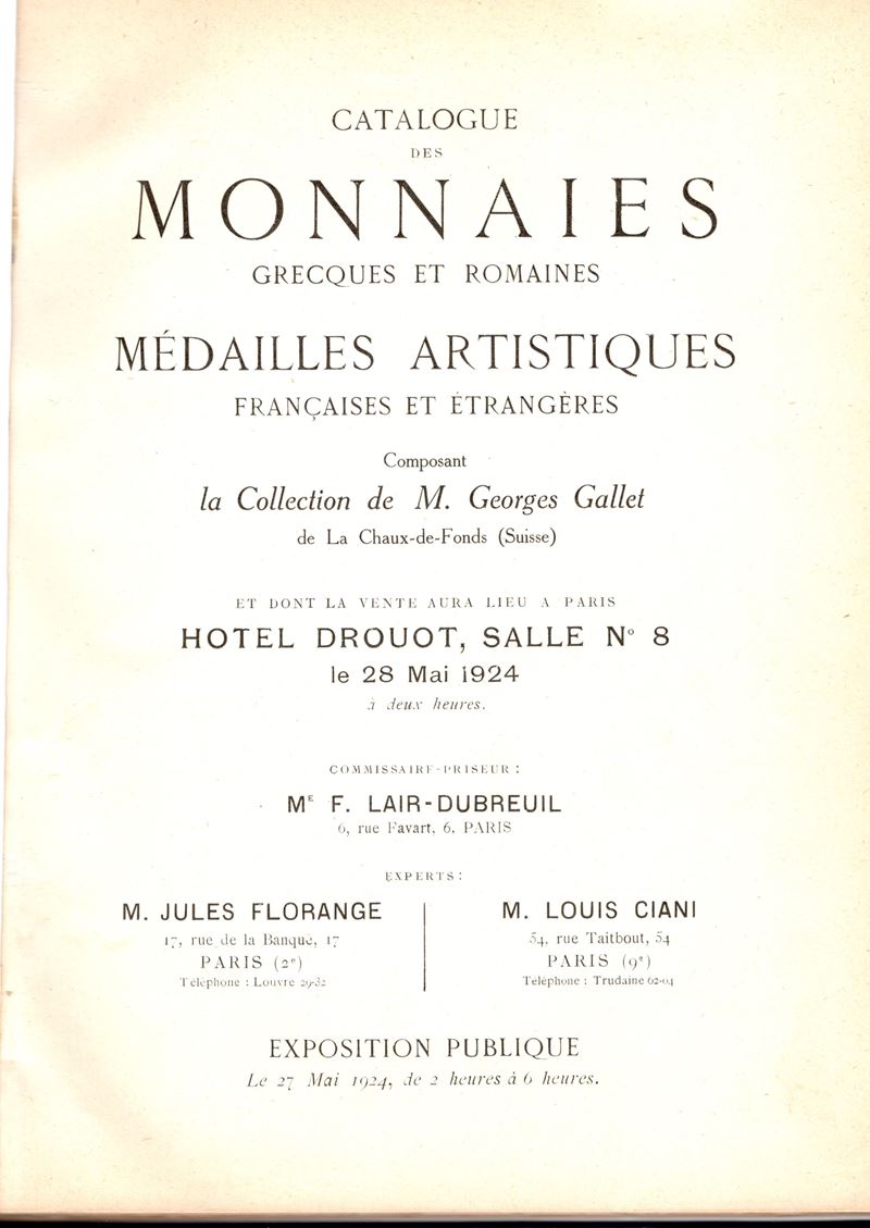 Florange J. e Ciani L., Paris, 28 maggio 1924. Collection M. Georges Gallet, Monnaies grecques et...