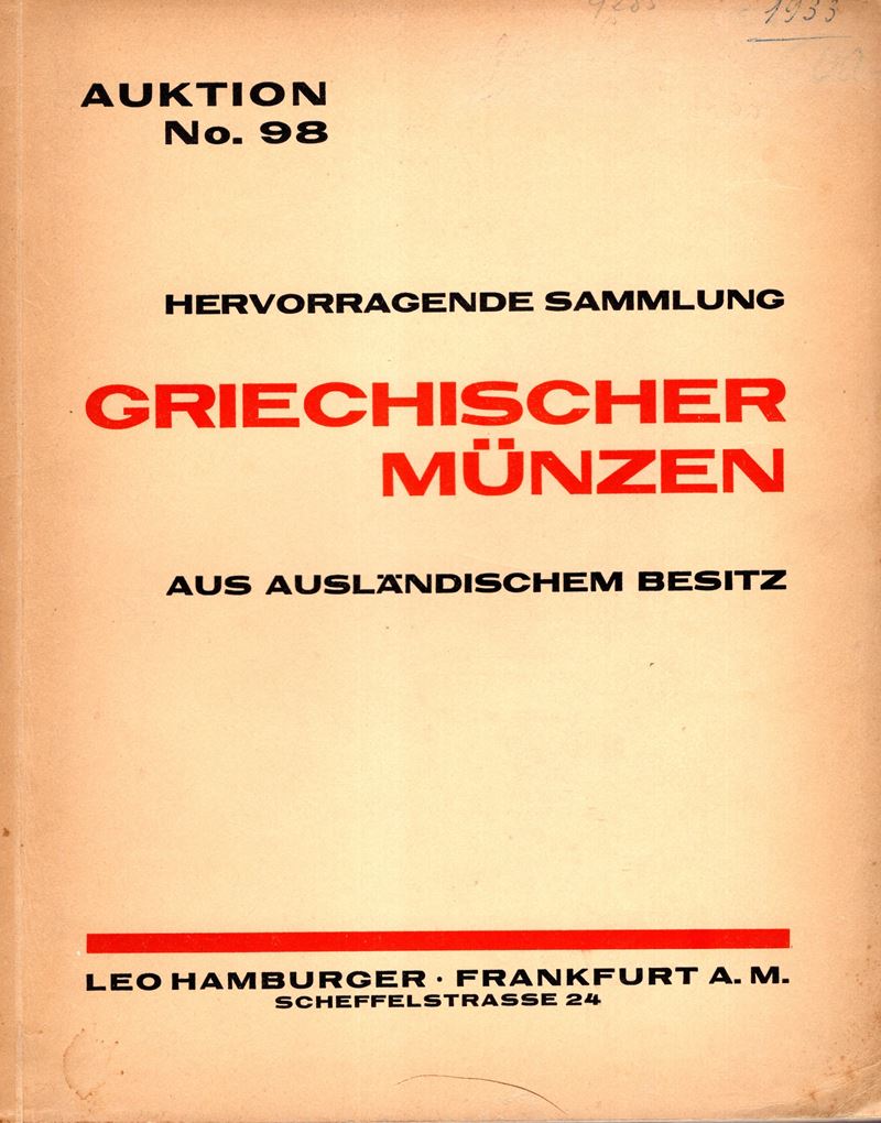 HAMBURGER L., Catalogo d’asta «Auktion 98» (Francoforte a. M., 3/4 aprile 1933) – catalogo numism...