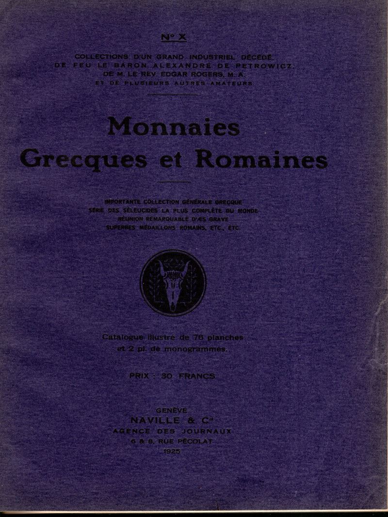 NAVILLE et C., Catalogue des monnaies grecques et romaines (Catalogo numismatico, vendita a Ginev...