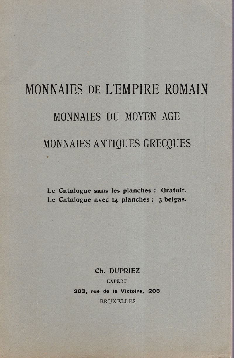 Dupriez Charles, Bruxelles, ottobre 1934 — catalogo d’asta di monete e monete antiche