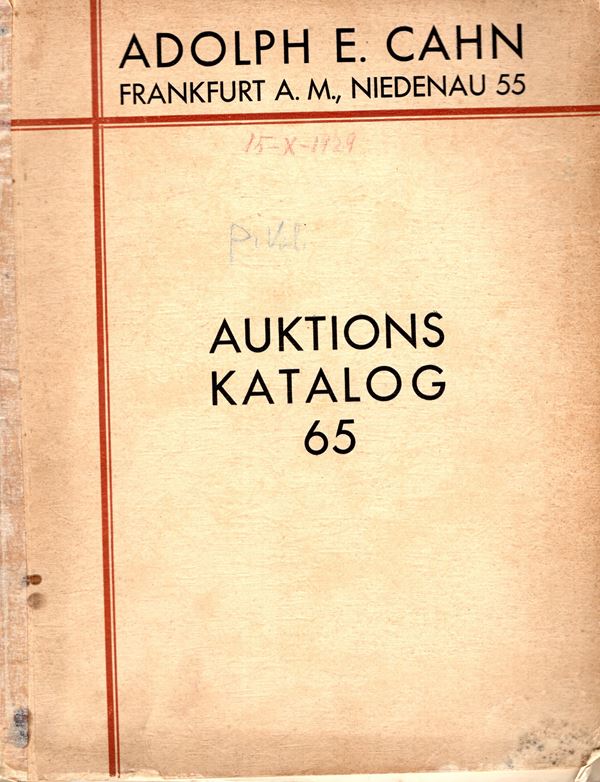 CAHN E.A. - Auktion 65. Frankfurt am Main, 15 - Oktober, 1929. Sammlung antiker munzen au auslandischem besitz - I teil.  Pp 29 - 67, tavv. 10 - 29. brossura ed. molto sciupata, interno buono stato. lista prezzi Valutazione.  catalogo uscito come I parte solo monete antiche.  Spring, 77.