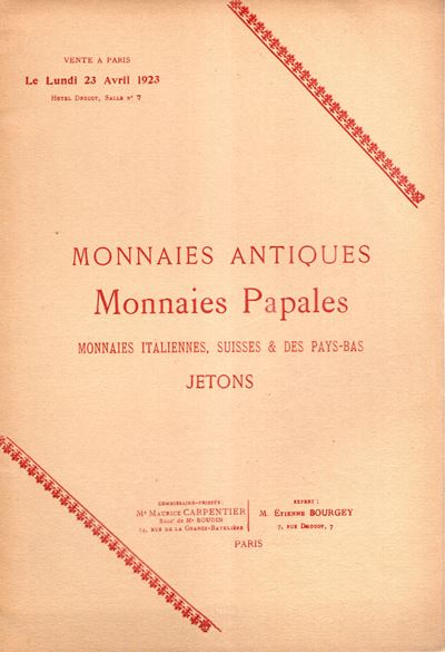 BOURGEY É. (Etienne), Paris, 23 aprile 1923. Monnaies grecques, romaines, papales, italiennes, su...