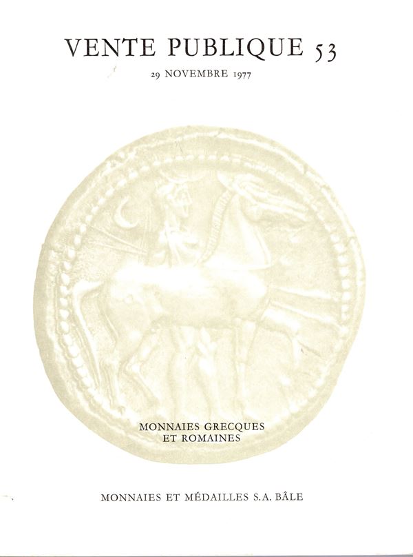 MUNZEN und MEDAILLEN. – Vente publique 53. Basel, 29 – Novembre, 1977. Monnaies grecques et romaines. Pp. 50, nn. 306, tavv.24, + 1 a colori. ril. editoriale, buono stato, Spring, 468.