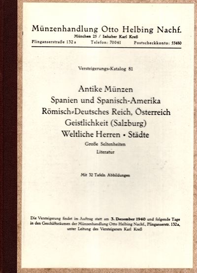 Helbing Otto Nachf., Catalogo d’asta “Auktion 81” (Monete e collezioni numismatiche), Monaco 3 di...