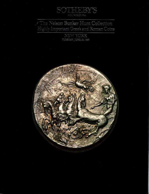 SOTHEBY’S.- New York, 19 – June, 1990. The Nelson Bunker Hunt collection. Highly important Greek and Roman coins I.  Pp. n.n. nn. 55 – 164, Color and black and white illustrations and plates. binding ed. price list adjudication. important sale excellent condition.