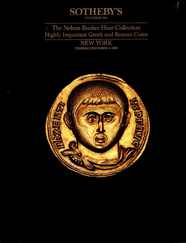SOTHEBY’S. - New York, 4 - December, 1990. The Nelson Bunker Hunt collection. Highly important Greek and Roman coins III. Pp.n. n. nn. 117, Color and black and white illustrations and plates. binding ed. price list adjudication. important sale excellent condition.