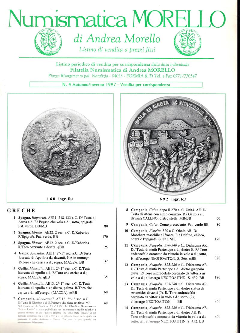 Editore non indicato, Listino n. 4 Autunno/Inverno 1997 — Numismatica Morello (monete greche, rom...
