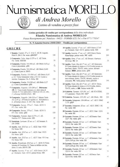 Morello, Listino n. 9 (Primavera 2000/2001) su monete greche, romane e medioevali italiane e mode...
