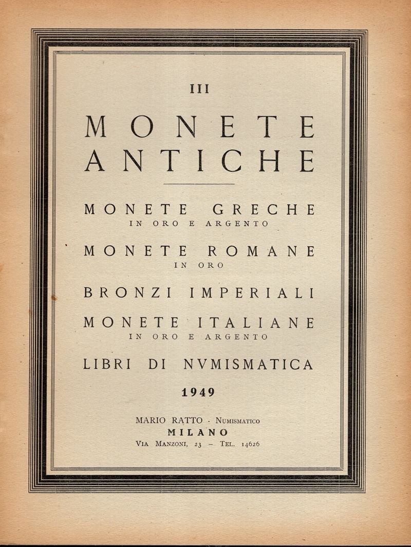 RATTO, Listino III a prezzi fissi – Milano, 1949. Monete greche e romane, bronzi imperiali, monet...