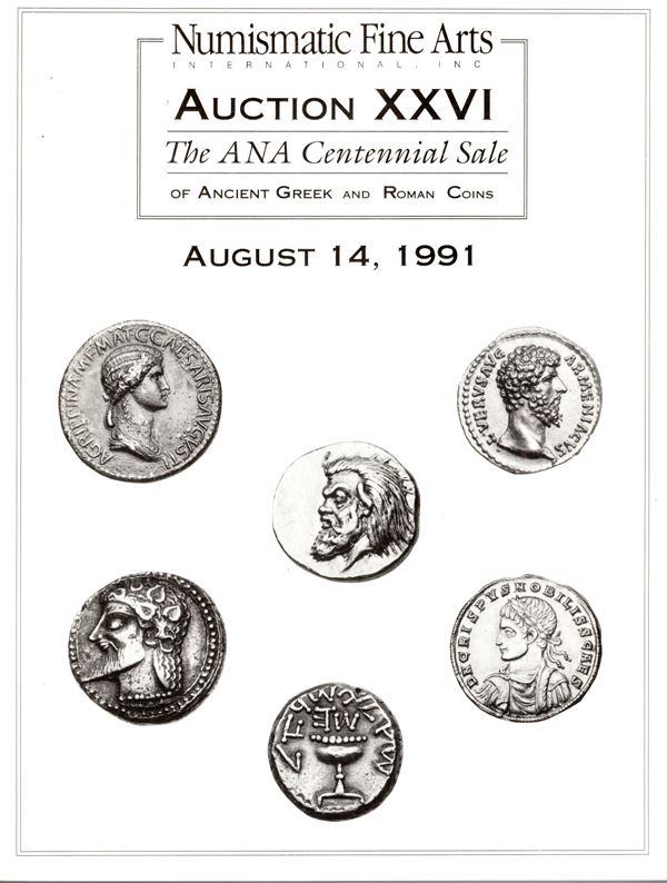 NUMISMATIC FINE ARTS. Auction XXVI. Ancient Greek and Roman coins. Chicago, 14 – August – 1991. pp.nn. , nn. 387,  tutti illustrati + plates 3 a colori, e 11 in b\n. Brossura ed. buono stato, lista prezzi Aggiudicazioni.  importante serie della Palestina.