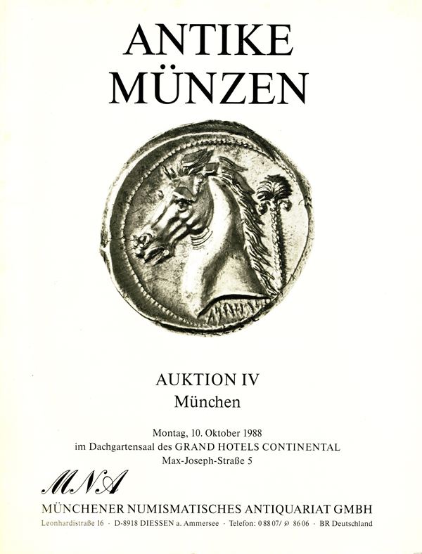 M.N.A. - Auktion IV. Munchen, 10 Oktober, 1988. Antike munzen. Pp 50, lots 718, plates 34 + 3 di ingrandiementi. Legatura ed. ottimo stato.