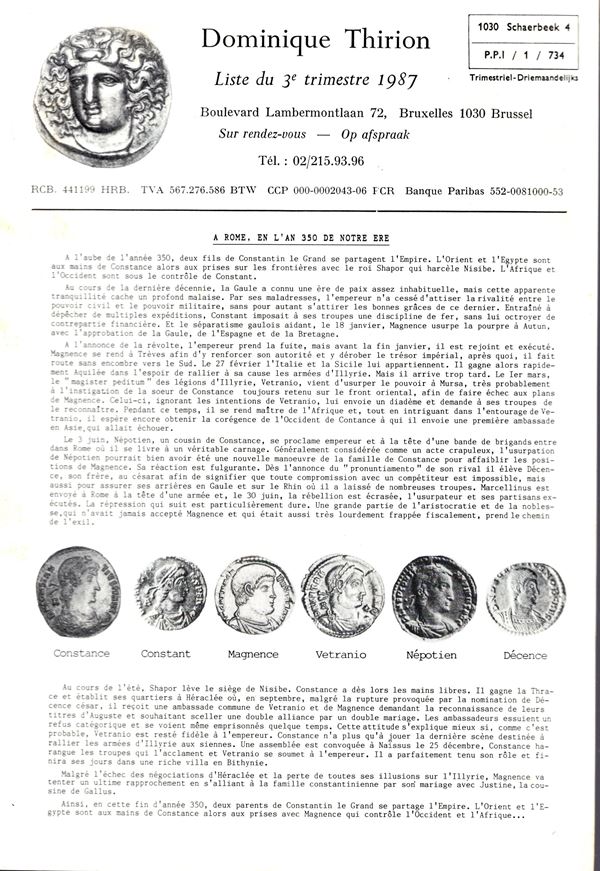 THIRION Dominique - Bruxelles, liste 3 Trimestre, 1987. Monete greche e romane. Pp non num. lots 71, plates 3 Brossura ed. buono stato