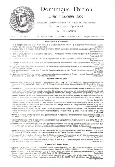 Thirion Dominique - Bruxelles, Liste D'automme, 1992. Monete Greche, Romane. Pp Non Num. Lots 51,...