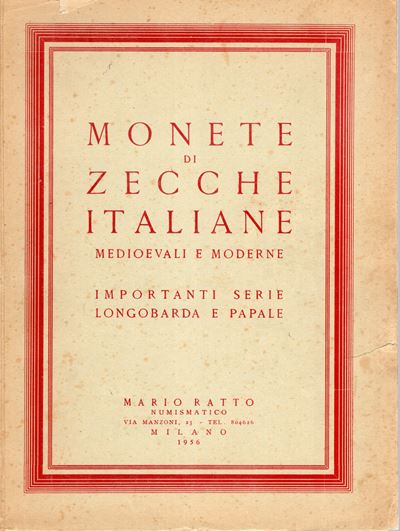 RATTO M., Milano, 20/21 gennaio 1956 – Catalogo di monete italiane (serie longobarda e papale)