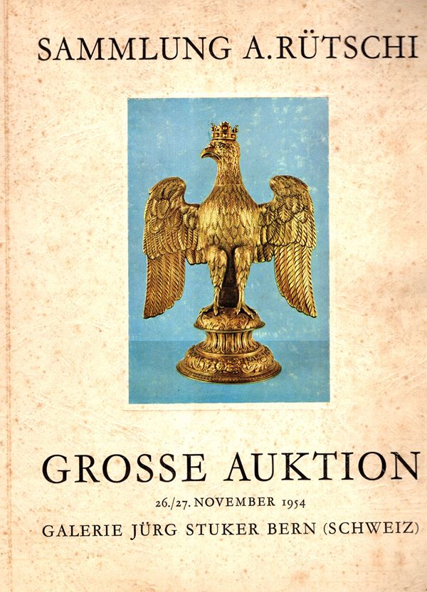 GALERIE JURG STUKER -  Berne, 26\27 - November, 1954. Sammlung A. Rutschi aus dem Kunsthaus Zurich. Goldschmiede und , silberarbeiten,  seltene venzianische und limoges-emaillen, juwelen und schmuck, uhren. Pp 78, lots 772, plates 28. Brossura ed. sciupata, interno buono stato, prezzi aggiudicazione manoscritti nella parte veneziana. molto raro.