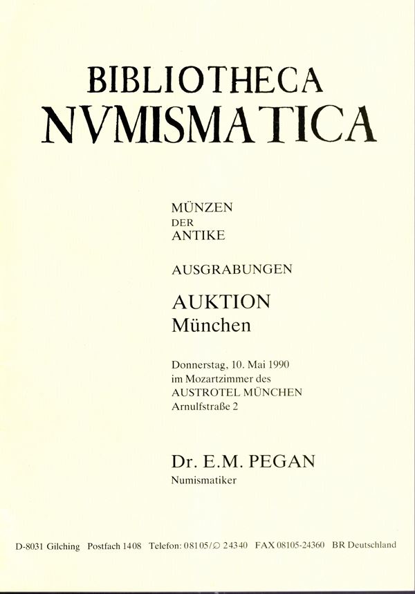 M.N.A. PEGAN Efrem  - Auktion, Munchen, 10 Mai, 1990. Antike munzen,  ausgrabungen, Literatur numismatische Pp 98, lots 912, plates 14. Legatura ed. ottimo stato.