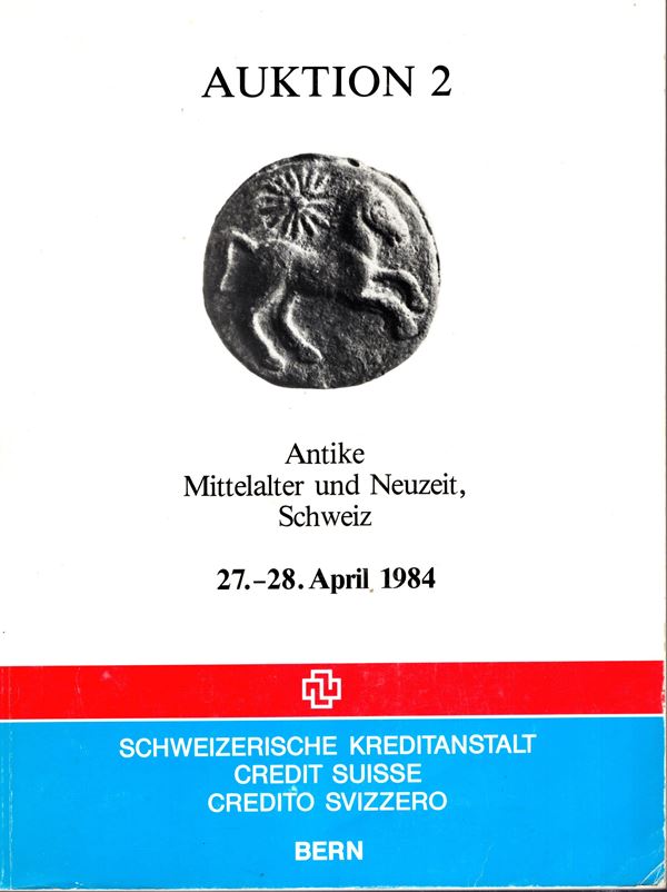 CREDIT SUISSE. Auktion 2. Bern, 27\28 - April, 1984. Munzen der antike, Griechische, Roman and mittelalters, Schweize munzen. Pp 189, lots 1345, plates 3 di ingrandimenti + illustrazioni nel testo. prezzi Aggiudicazione manoscritti fino al lots 151. Legatura ed. buono stato.