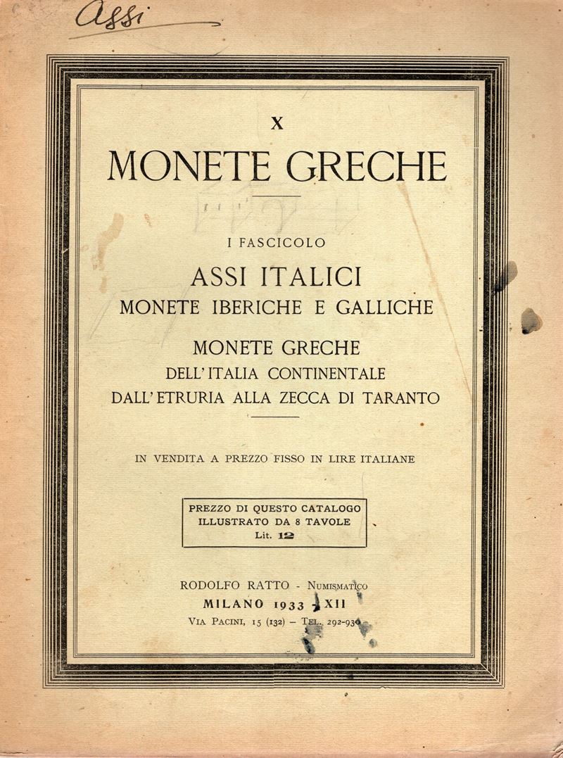 R. Rossi, Ratto – Milano, 1933 (fascicolo di numismatica e monetazione antica e moderna)