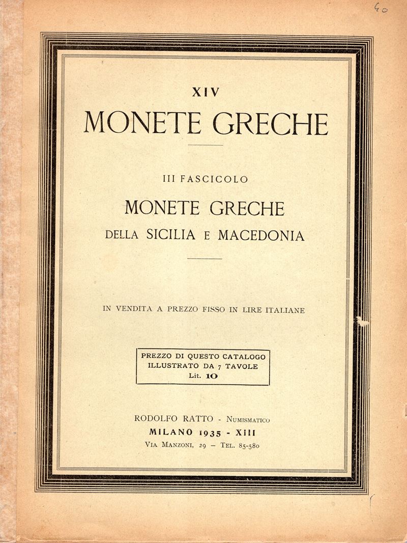 RATTO R., Listino a prezzi fissi N XIV. Monete greche della Sicilia e Macedonia (Milano, 1935)