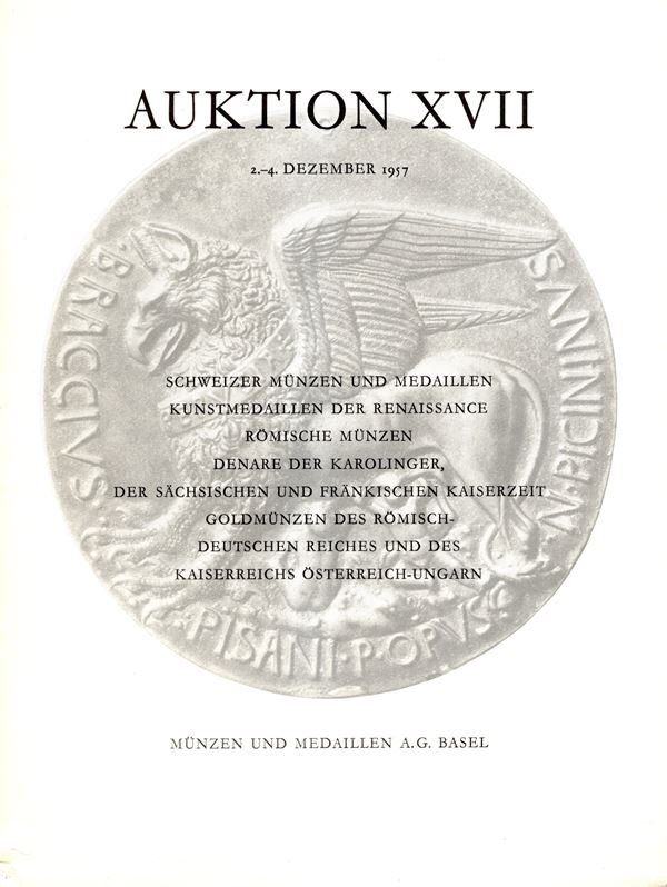 MUNZEN UND MEDAILLEN A.G. - Basel, 2\4 - Dezember, 1957. Schweizer munzen und medaillen, kunstmedaillen der renaissance, romische munzen, denar der carolinger, der sachsischen und frankischen kaiserzeit, goldmunzen der romisch-deutschen reiches und des kaiserreichs osterreich-ungarn. pp. 92, lots, 1022, plates, 48. Legatura ed, good condition, price list Valutasions, important series of Roman Republican and Imperial coins with a large set of contorniates. Spring, 454, Rossi, 318