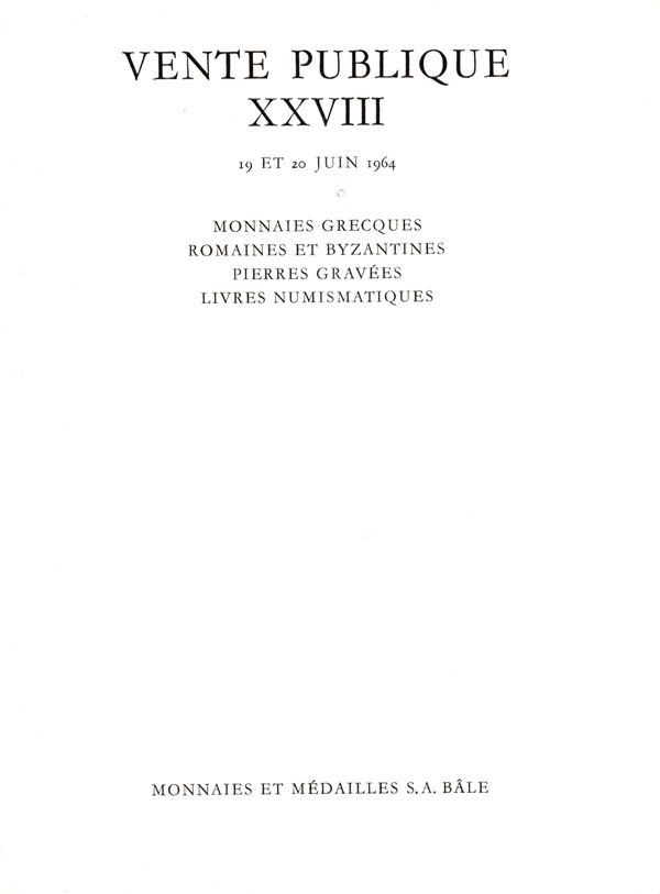 MUNZEN und MEDAILLLEN. – Vente publique XXVIII. Basel, 19\20 – Juin, 1964. Monnaies grecques et romaines, Monnaies byzantine  , Pierre gravees, livres de numismatique ancienne. Pp. 78, lots 738, plates 38. Legatura ed. buono stato, lista prezzi Valutazioni  Spring 458.