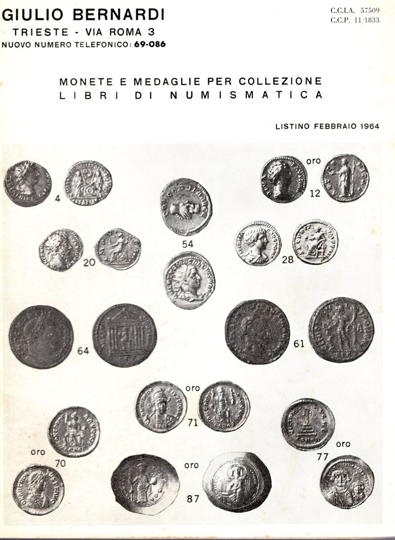Bernardi Giulio, Trieste, Listino Febbraio 1964. Monete greche, romane e medioevali