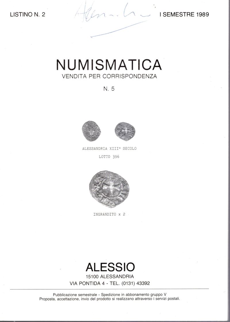 ALESSIO NUMISMATICA, Listino I semestre 1989 (Monete in oro, zecche italiane e medaglie)
