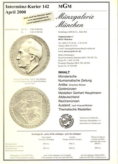 MGM (Munzgalerie, Monaco), Lagerliste n. 142, Aprile 2000 — catalogo di monete antiche e moderne