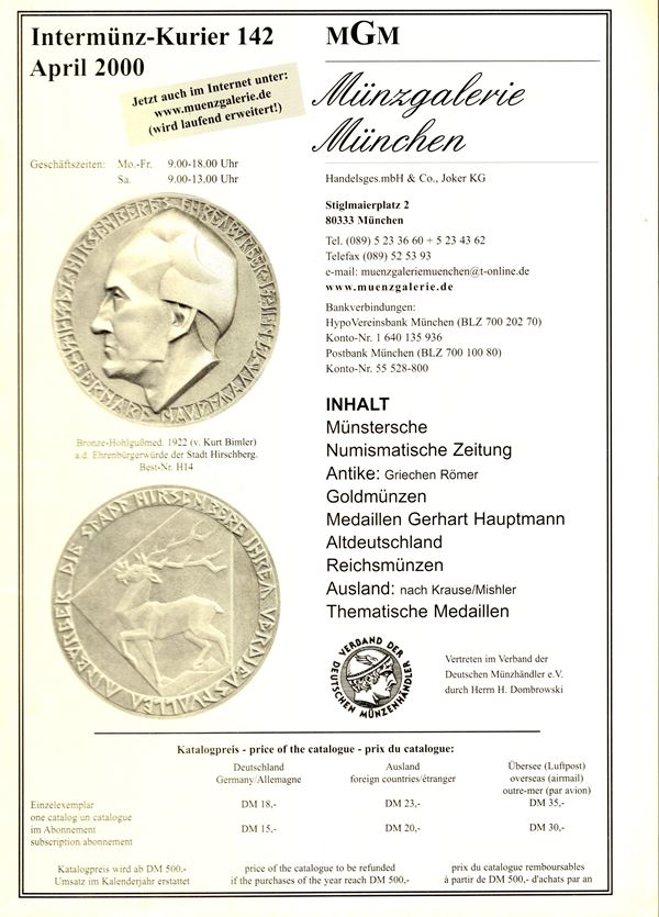 MGM- Munzgalerie - Munchen, lagerliste 142, April 2000. Munzen antike goldmunzen, medaillen… pp 116, lots 1753,  illustrati nel testo. Legatura ed. ottimo stato.