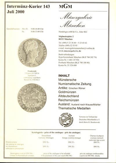 MGM Munzgalerie, Lagerliste 143 (Monete antiche e medaglie), luglio 2000