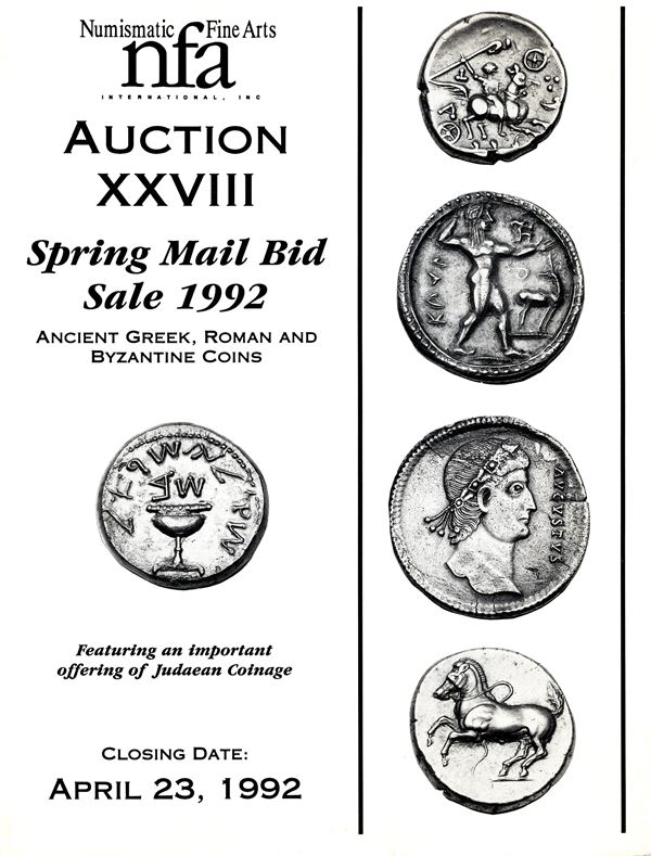 NFA - Auction XXVIII - closing date 23 - April, 1992. Ancient Greek, Roman and Byzantine coins, important offering Judean coinage.  Pp non num. lots 1571, tutti illustrati in tavole. Legatura ed. ottimo stato, importante documentazione.