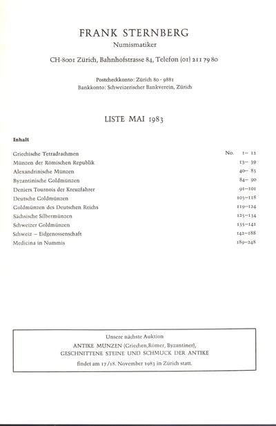 Sternberg Frank - Zurich, Liste Mai, 1983. Munzen Griechische, Romischen, Alexandrinische, Mittel...