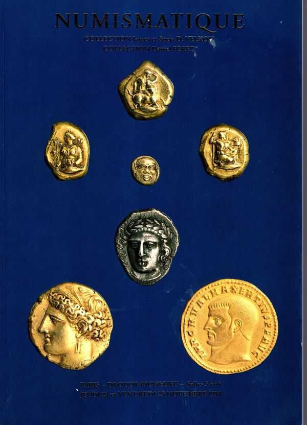 VINCHON Jean - Paris, 24\25 - Novembere, 1994. Collection James et Sneja D. Velkov. Collection Daniel Feret. Monnaies antiques, ecc. pp non num. lots 525, tutti illustrati nel testo + 3 plate a colori. Legatura ed. ottimo stato, importante vendita di monete romane e greche.