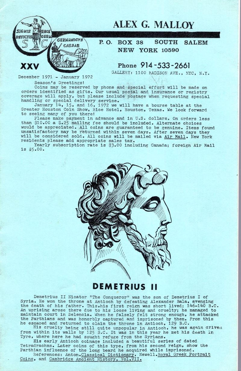 Alex Malloy, Catalogue XXV (December 1971–January 1972) su monete romane e antichità numismatiche