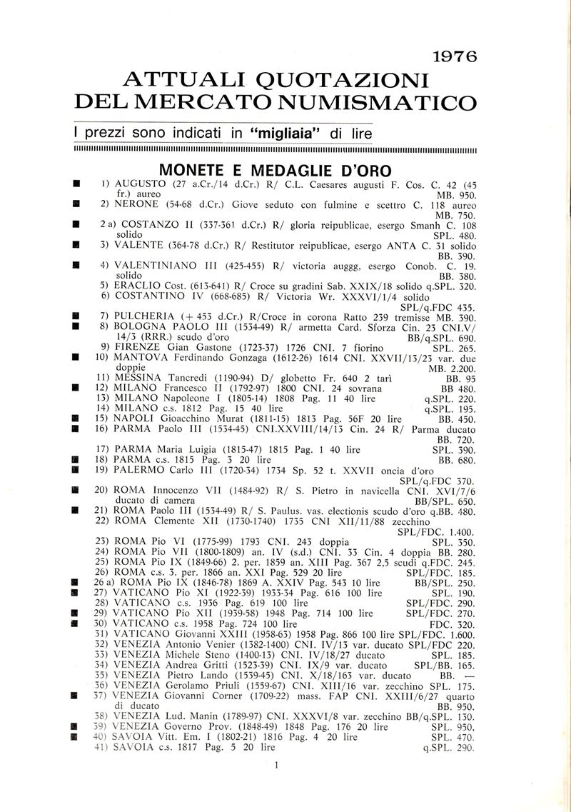 Ariminensis, Numismatica: Rimini, Listino (1976)