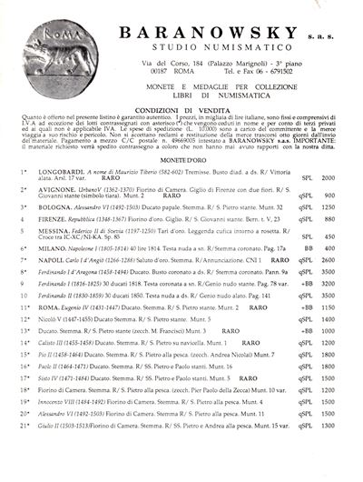 Baranowsky s.a.s., Roma, Luglio 1994. Catalogo di monete antiche e moderne (oro, preromane e roma...