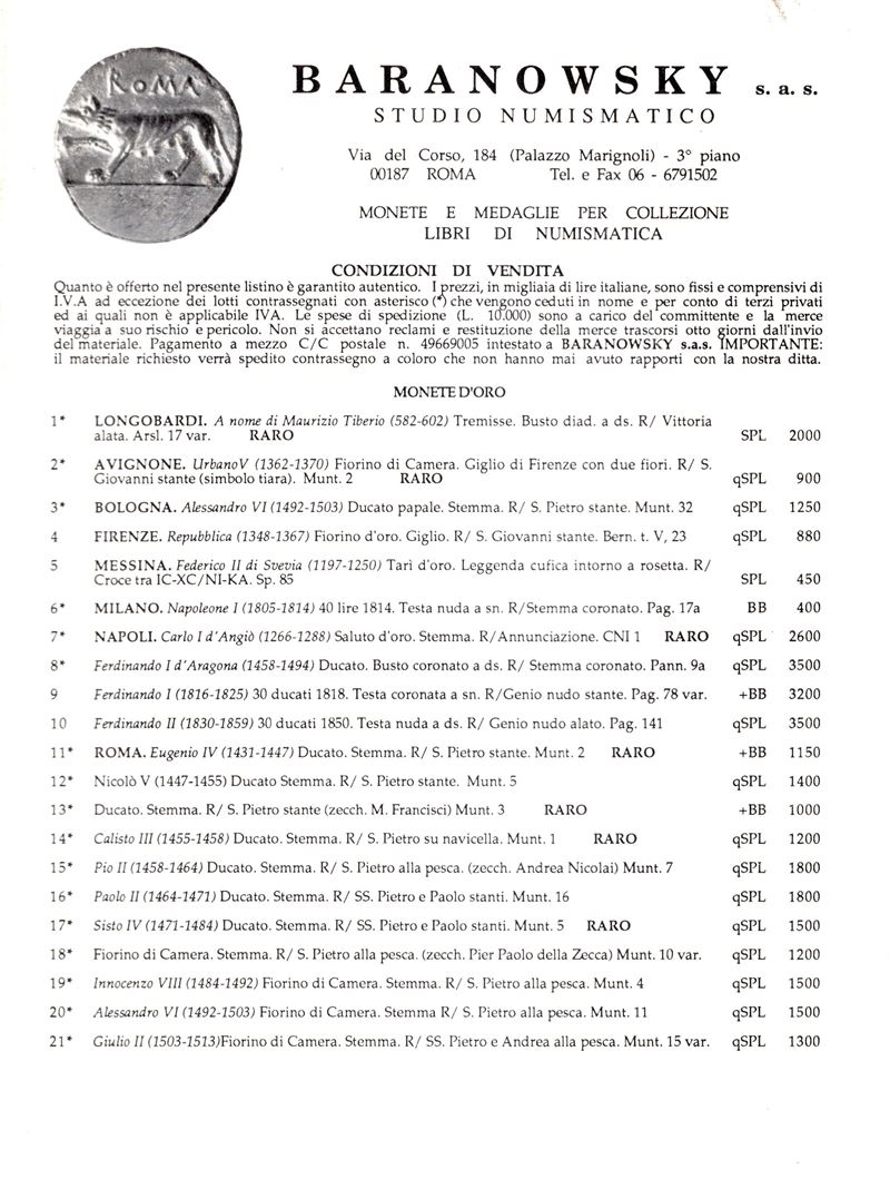 Baranowsky s.a.s., Roma, Luglio 1994. Catalogo di monete antiche e moderne (oro, preromane e roma...