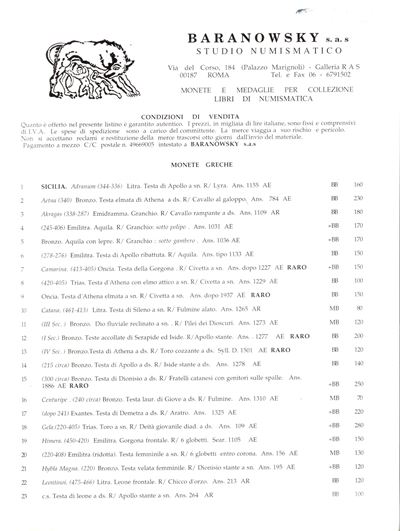 Baranowsky s.a.s., Roma, II quadrimestre 1995 — Catalogo di monete preromane e romane, pp. 19, br...