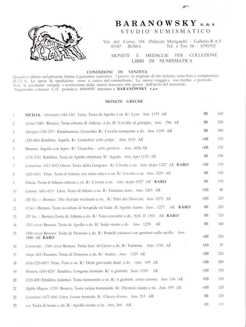 Baranowsky s.a.s., Roma, II quadrimestre 1995 — Catalogo di monete preromane e romane, pp. 19, br...