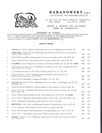 Baranowsky s.a.s. (Roma), I quadrimestre 1996, Catalogo di monete preromane e romane repubblicane...