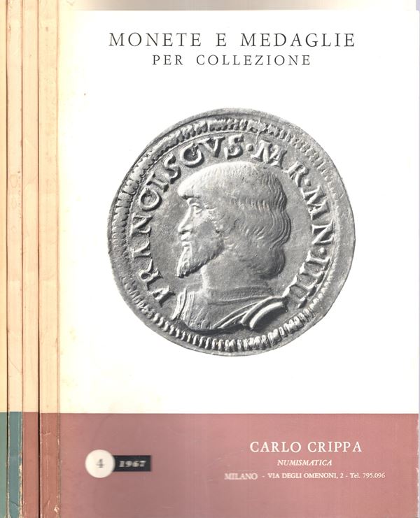 CRIPPA Carlo - Milano, 1967. 4 fascicoli completo. Monete in oro, greche, romane, bizantine, medioevali italiane ed estere, medaglie. tutti illustrati in tavole fuori testo. Brossura ed. buono stato, importante documentazione, rari