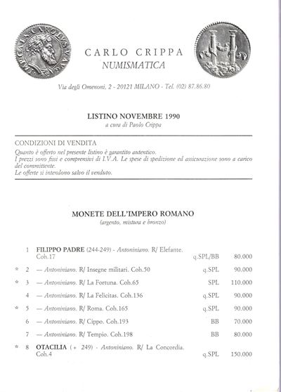 Carlo Crippa, Milano, listino Novembre 1990. Monete romane imperiali, medioevali italiane