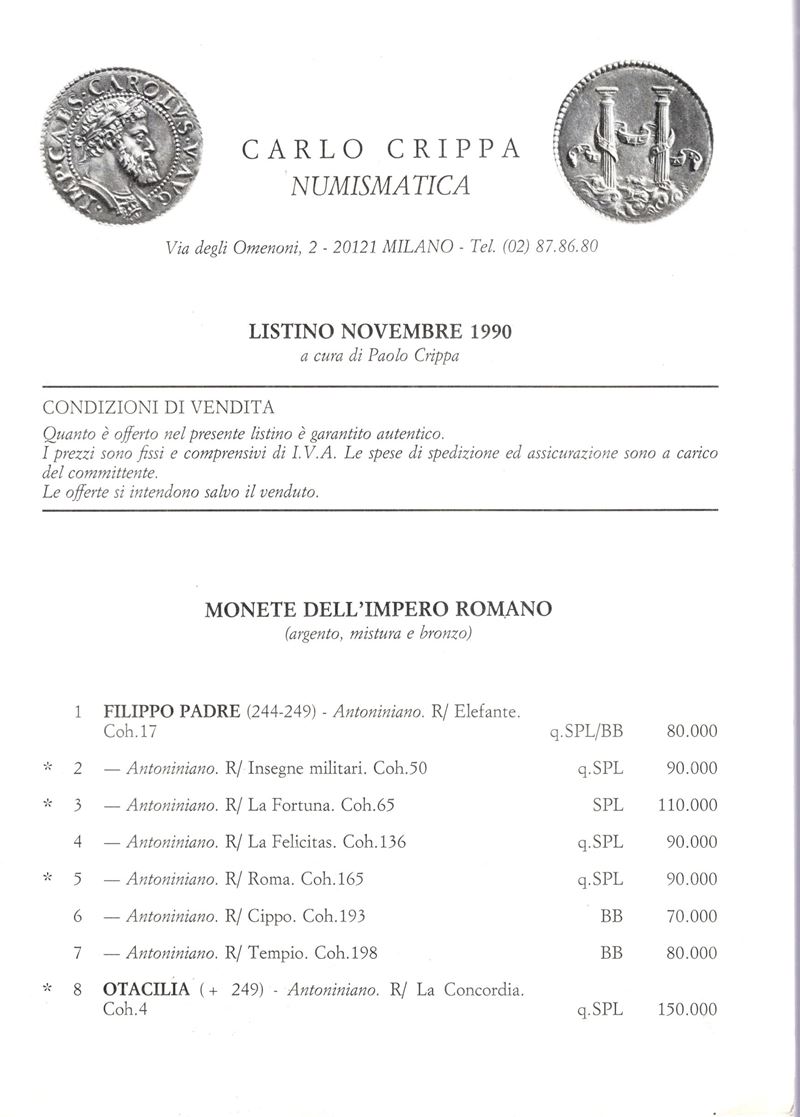 Carlo Crippa, Milano, listino Novembre 1990. Monete romane imperiali, medioevali italiane