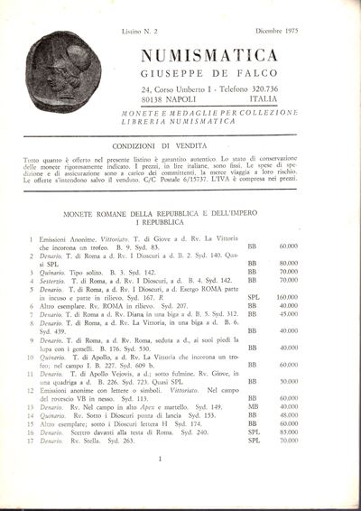 Giuseppe De Falco, Napoli, Dicembre 1975, n. 2 – Listino di monete e libri
