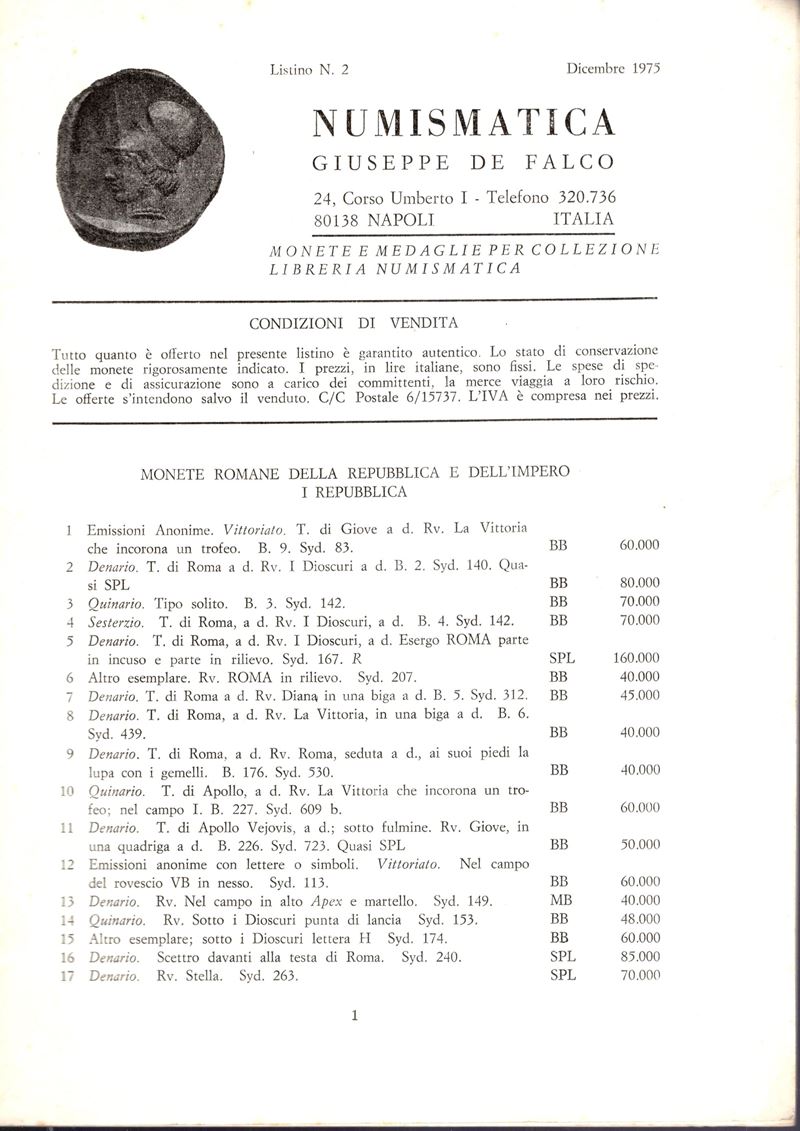 Giuseppe De Falco, Napoli, Dicembre 1975, n. 2 – Listino di monete e libri