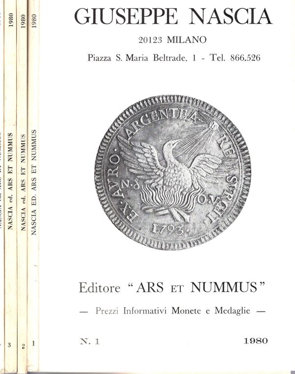 NASCIA Giuseppe - Milano, 1980. 4 fascicoli completo. Monete greche, romane,bizantine, medioevali italiane ed estere, medaglie. illustrati in tavole fuori testo. Brossura ed. buono stato, ottima documentazione.