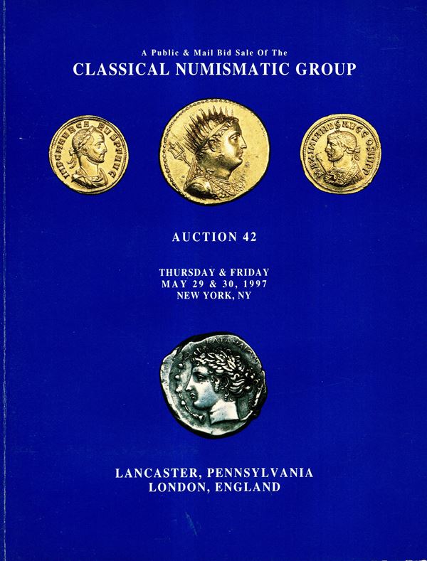 CNG - Auction 42, public & mail bid sale. New York, 29\30 - May, 1997. Roman republican and imperial coins, byzantine, Dark Ages and Provincial roman coins, World coinage. Pp 192, lots 1650, tutti illustrati nel testo. Legatura ed. buono stato.